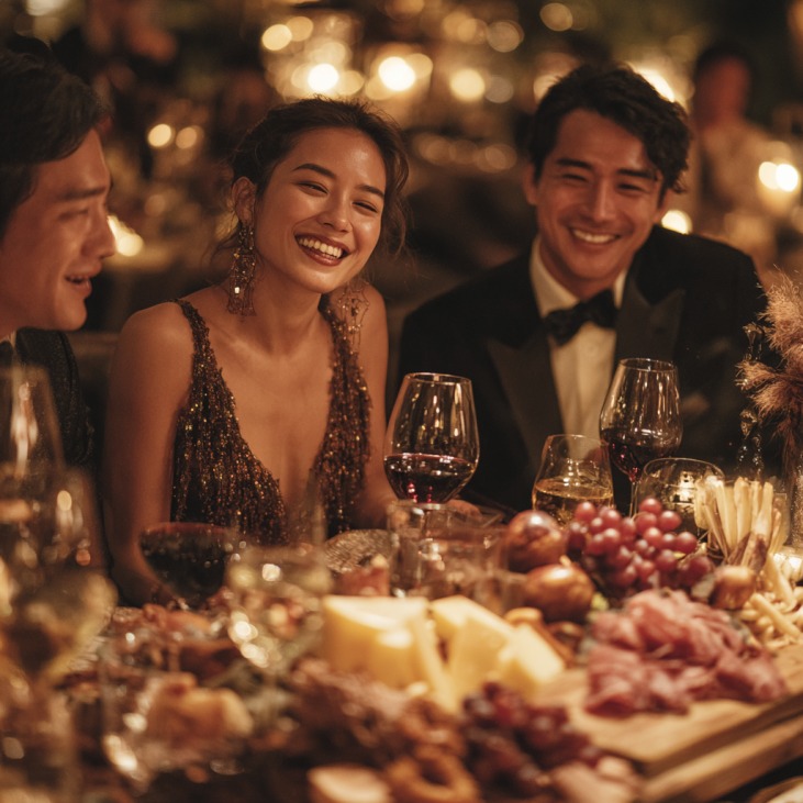 Guests enjoying elegant cheese platters at a stylish social gathering in Singapore
