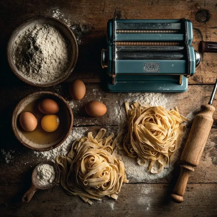 Homemade pasta making setup with ingredients on a rustic table