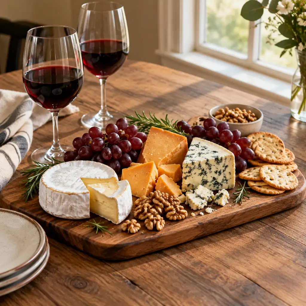 Cheese board with Brie, cheddar, blue cheese and red wine