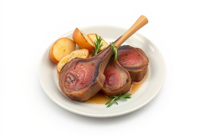 Pan-seared lamb loin chops served pink with rosemary, butter and roasted potatoes