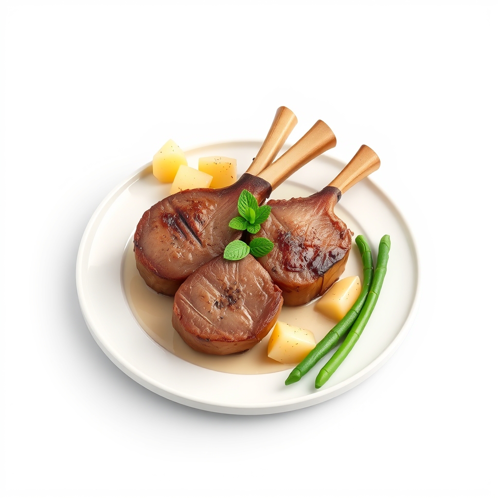 Plated pan-seared lamb loin chops with new potatoes, green beans and mint