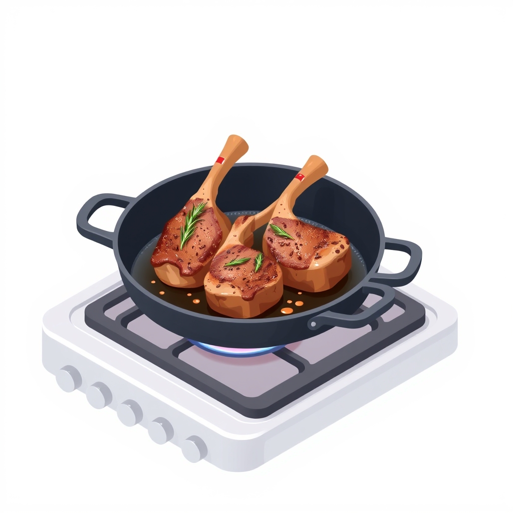 Searing lamb loin chops in a hot cast-iron skillet with rosemary and garlic