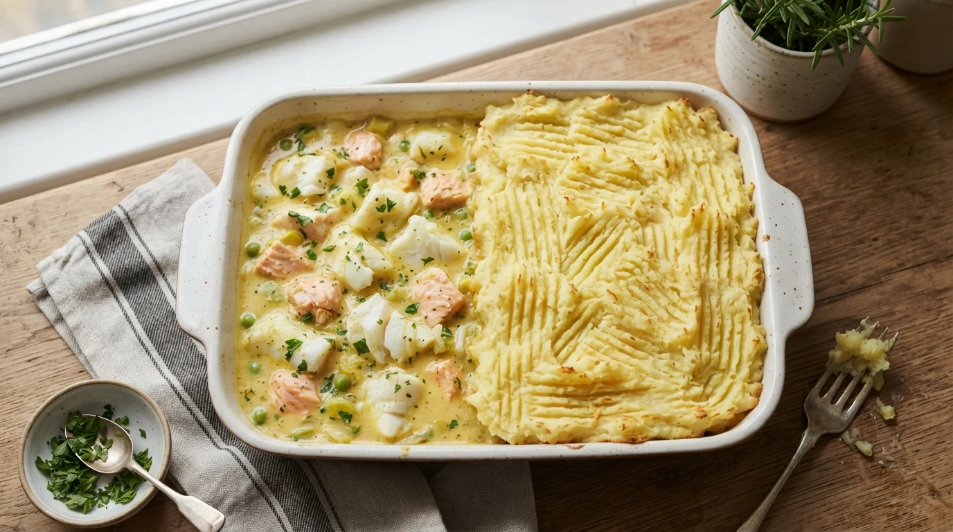 Fish pie being assembled: creamy smoked haddock, cod and salmon filling in a baking dish, half covered with forked mashed potato ready for the oven