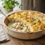 Classic British fish pie with golden mashed potato topping, a portion scooped out to show the creamy smoked haddock, cod and salmon filling