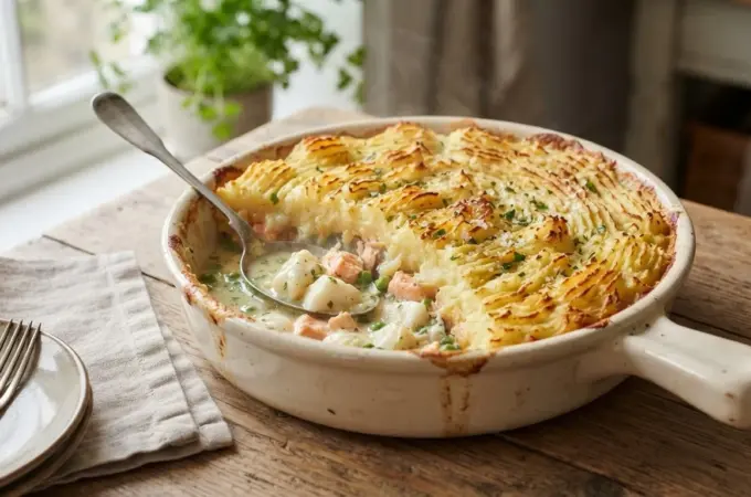 Classic British fish pie with golden mashed potato topping, a portion scooped out to show the creamy smoked haddock, cod and salmon filling