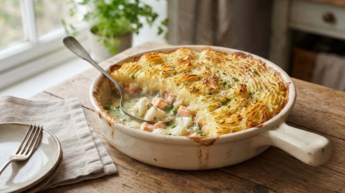 Classic British fish pie with golden mashed potato topping, a portion scooped out to show the creamy smoked haddock, cod and salmon filling