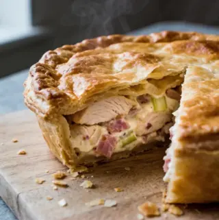 Golden puff pastry chicken and ham pie with creamy filling visible