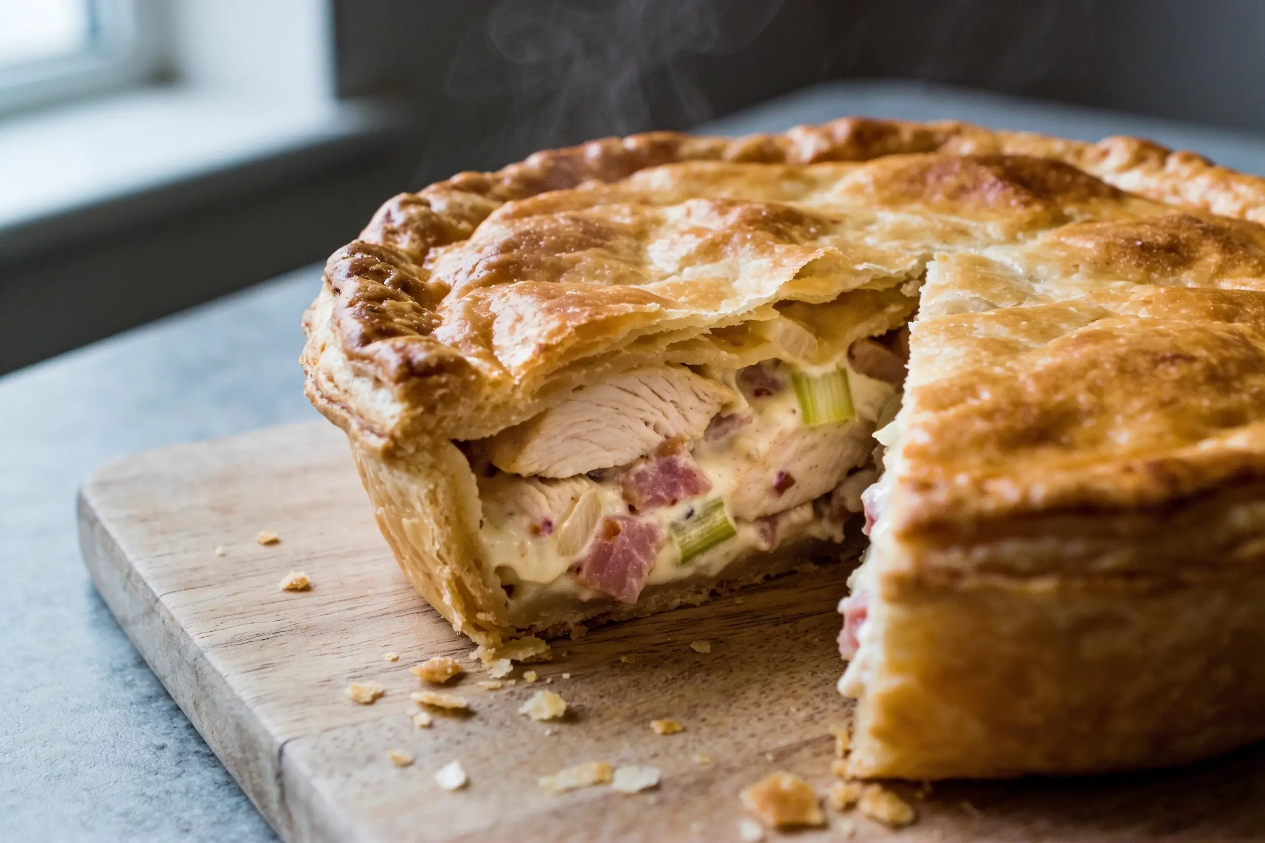 Golden puff pastry chicken and ham pie with creamy filling visible