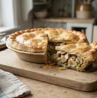 Golden puff pastry chicken and mushroom pie with creamy filling inside