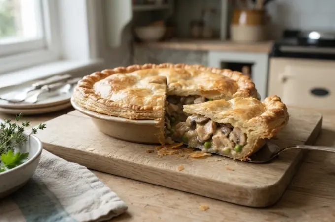 Golden puff pastry chicken and mushroom pie with creamy filling inside