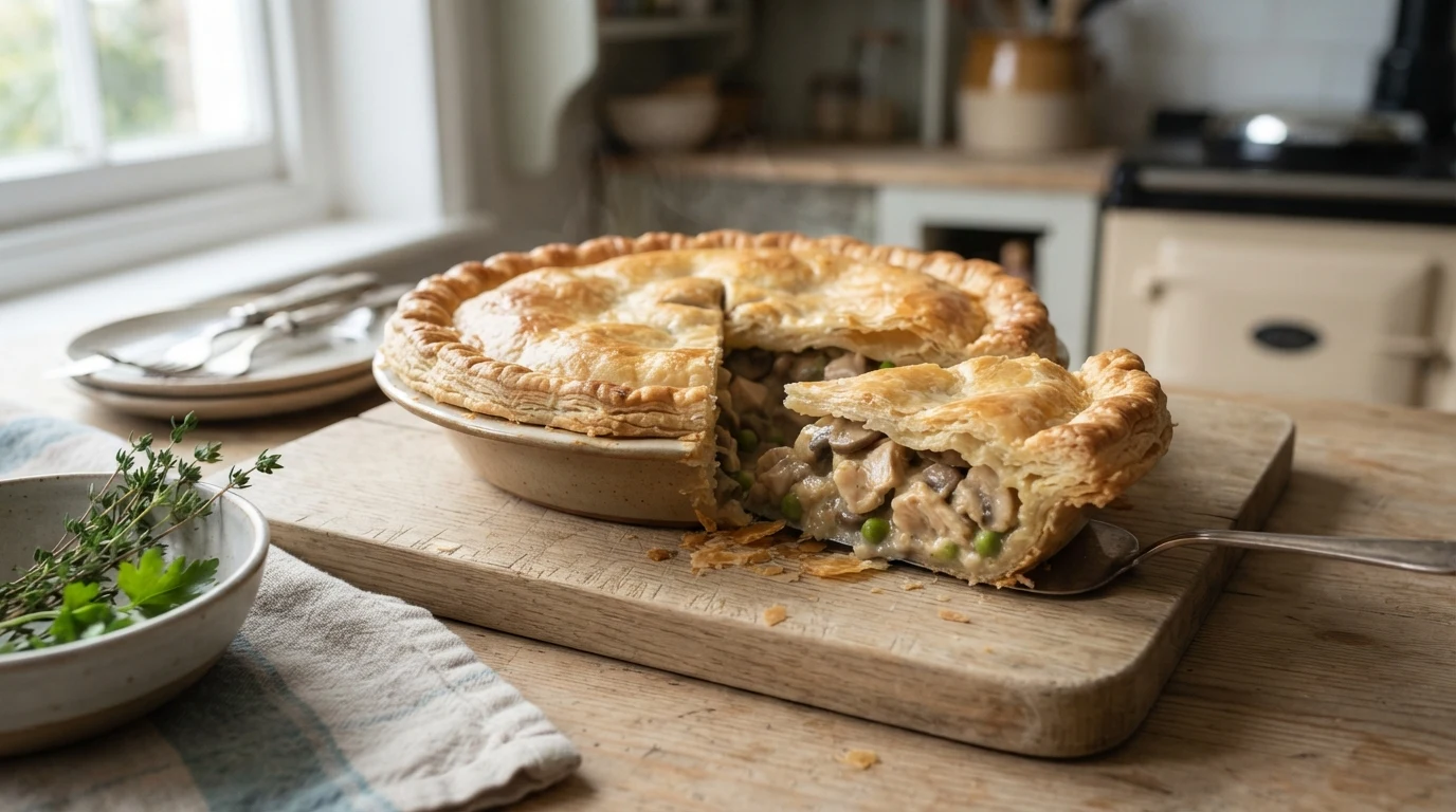 Golden puff pastry chicken and mushroom pie with creamy filling inside