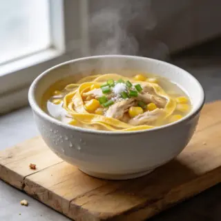 Steaming bowl of chicken and sweetcorn soup with silky egg ribbons and fresh green onion
