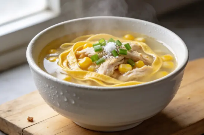 Steaming bowl of chicken and sweetcorn soup with silky egg ribbons and fresh green onion