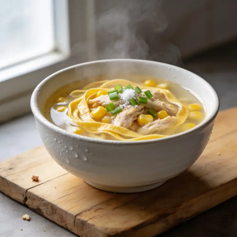 Steaming bowl of chicken and sweetcorn soup with silky egg ribbons and fresh green onion