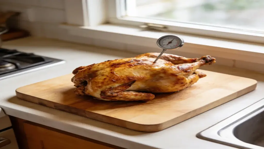 Roasted whole chicken on a wooden board with a probe thermometer inserted into the breast
