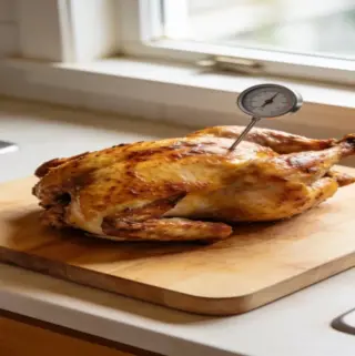 Roasted whole chicken on a wooden board with a probe thermometer inserted into the breast