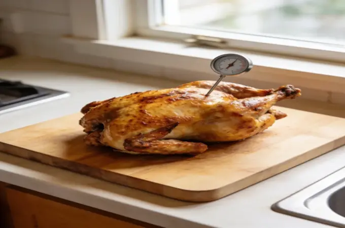 Roasted whole chicken on a wooden board with a probe thermometer inserted into the breast