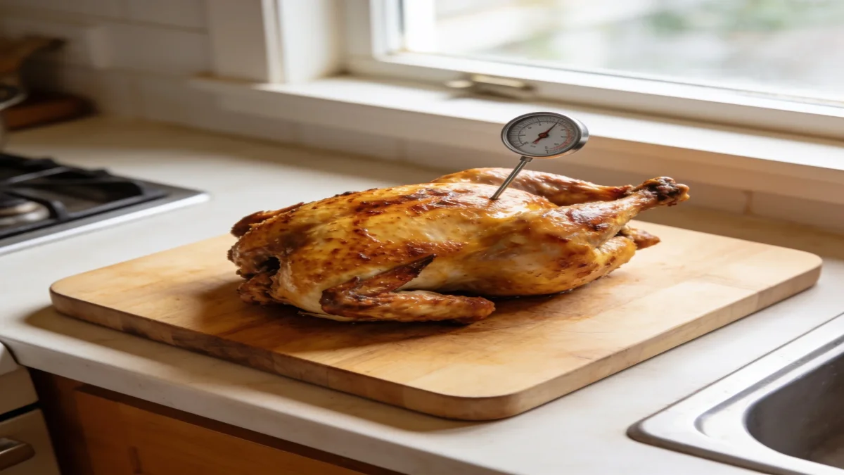 Roasted whole chicken on a wooden board with a probe thermometer inserted into the breast