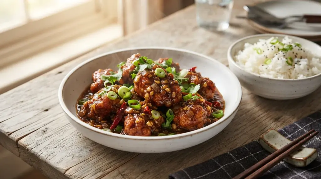 Glossy chicken Manchurian with crispy sauce-coated pieces and spring onion garnish served with steamed rice on a rustic wooden table