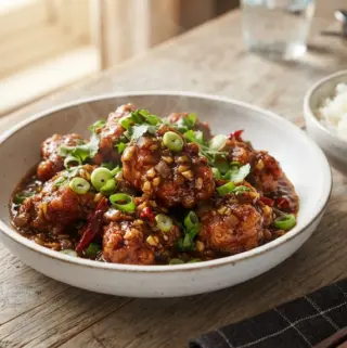 Glossy chicken Manchurian with crispy sauce-coated pieces and spring onion garnish served with steamed rice on a rustic wooden table
