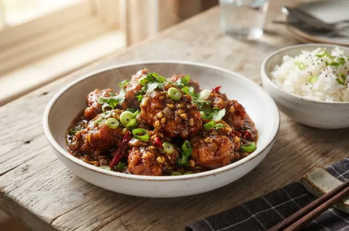 Glossy chicken Manchurian with crispy sauce-coated pieces and spring onion garnish served with steamed rice on a rustic wooden table