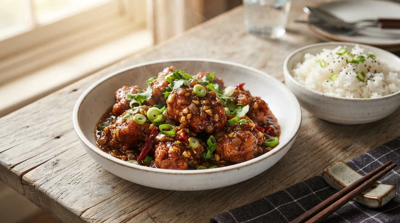 Glossy chicken Manchurian with crispy sauce-coated pieces and spring onion garnish served with steamed rice on a rustic wooden table