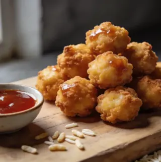 Deep golden crispy chicken balls with sweet and sour sauce for dipping on a rustic wooden board