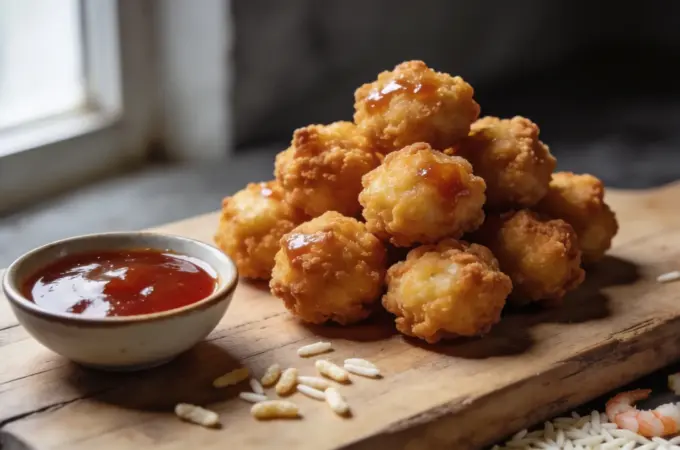 Deep golden crispy chicken balls with sweet and sour sauce for dipping on a rustic wooden board