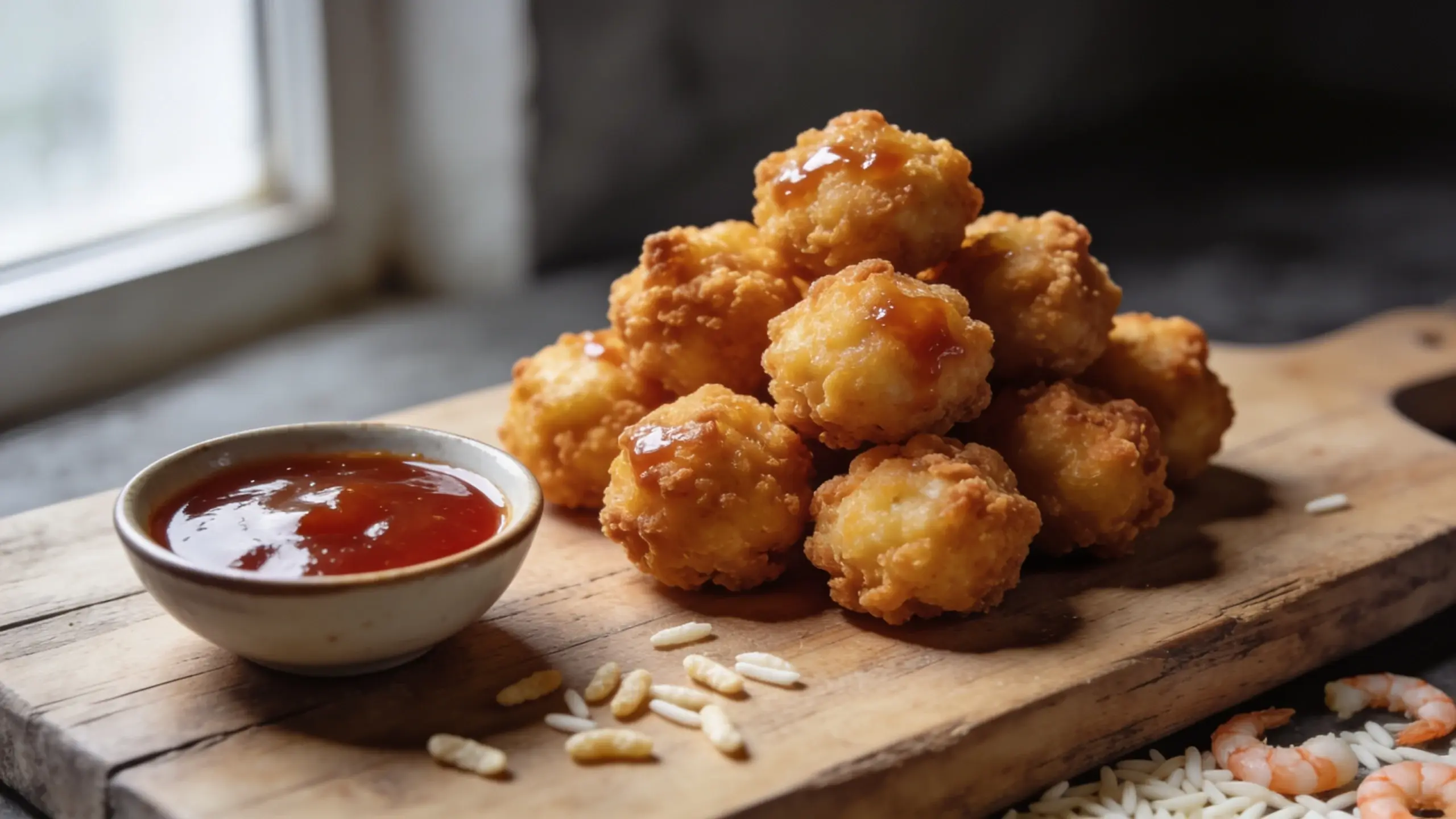 Deep golden crispy chicken balls with sweet and sour sauce for dipping on a rustic wooden board