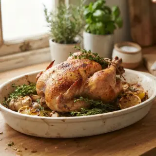 Whole roasted chicken with golden-brown skin in a roasting dish, garnished with lemon and fresh thyme