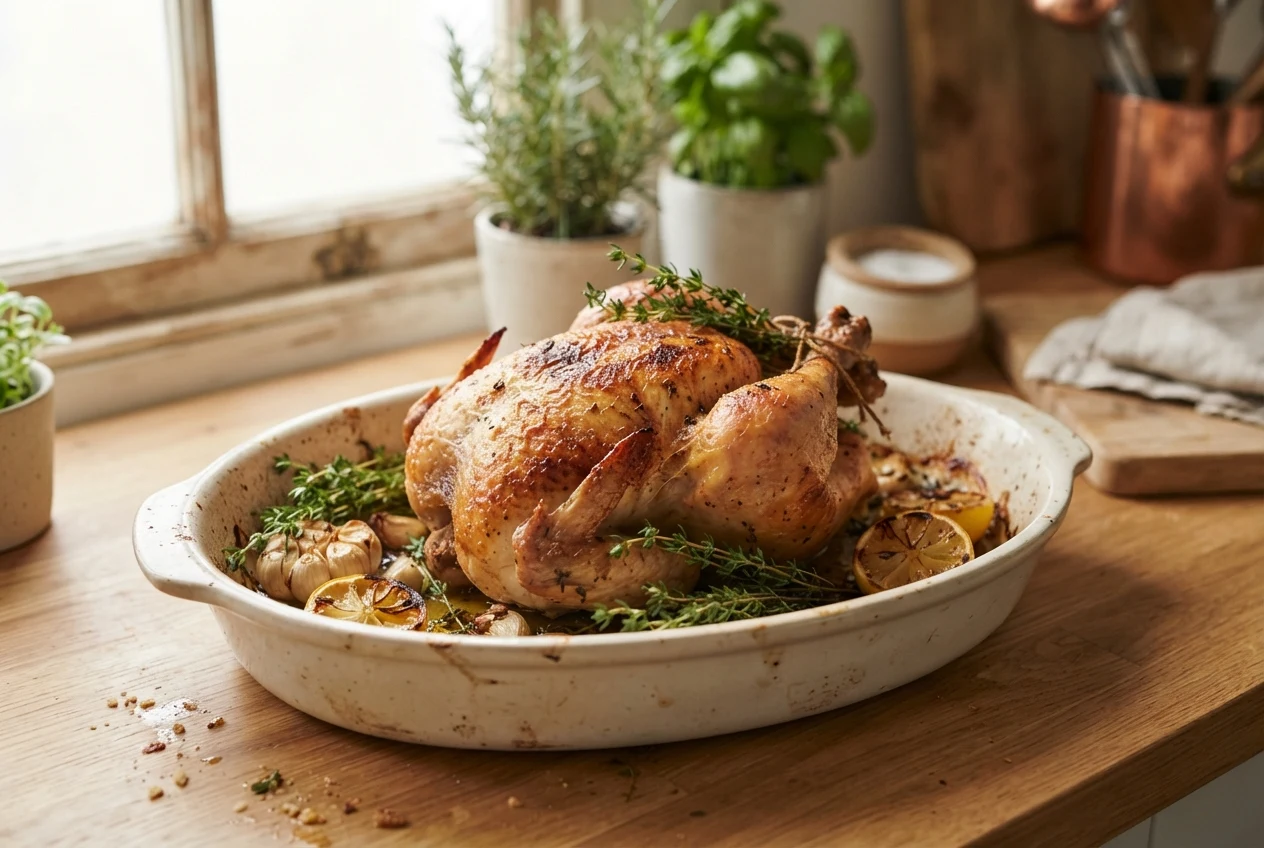 Whole roasted chicken with golden-brown skin in a roasting dish, garnished with lemon and fresh thyme