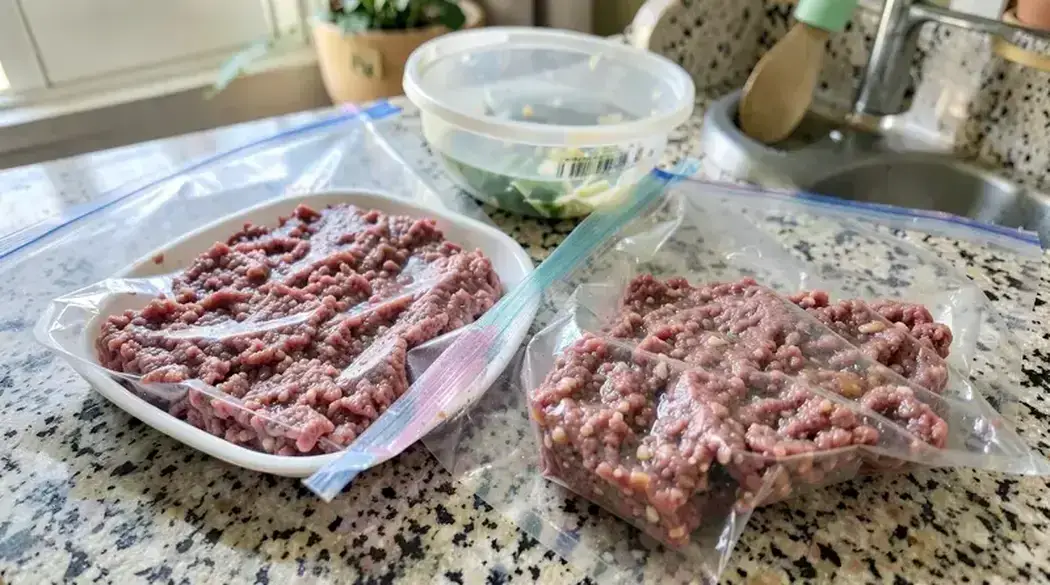 Minced beef portions stored flat in freezer bags and containers