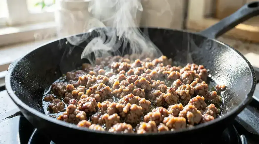 Minced beef browning in hot cast iron skillet with golden crust