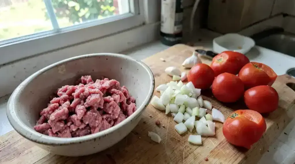 Raw minced beef with fresh ingredients and kitchen board