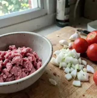 Raw minced beef with fresh ingredients and kitchen board