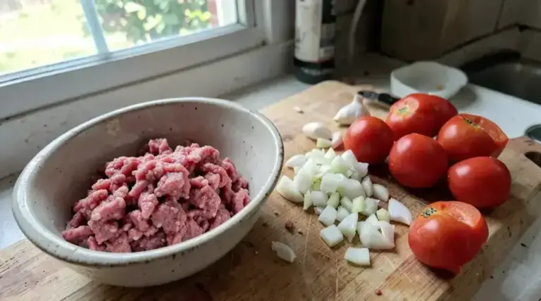 Raw minced beef with fresh ingredients and kitchen board