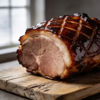 Slow cooker coca cola ham with caramelized glaze on wooden board
