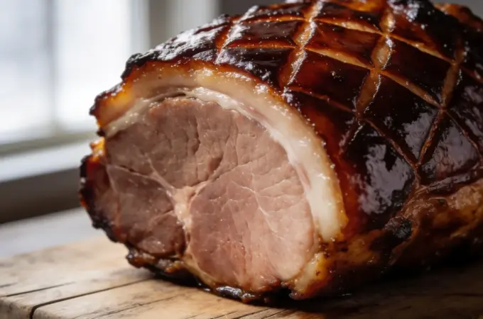 Slow cooker coca cola ham with caramelized glaze on wooden board