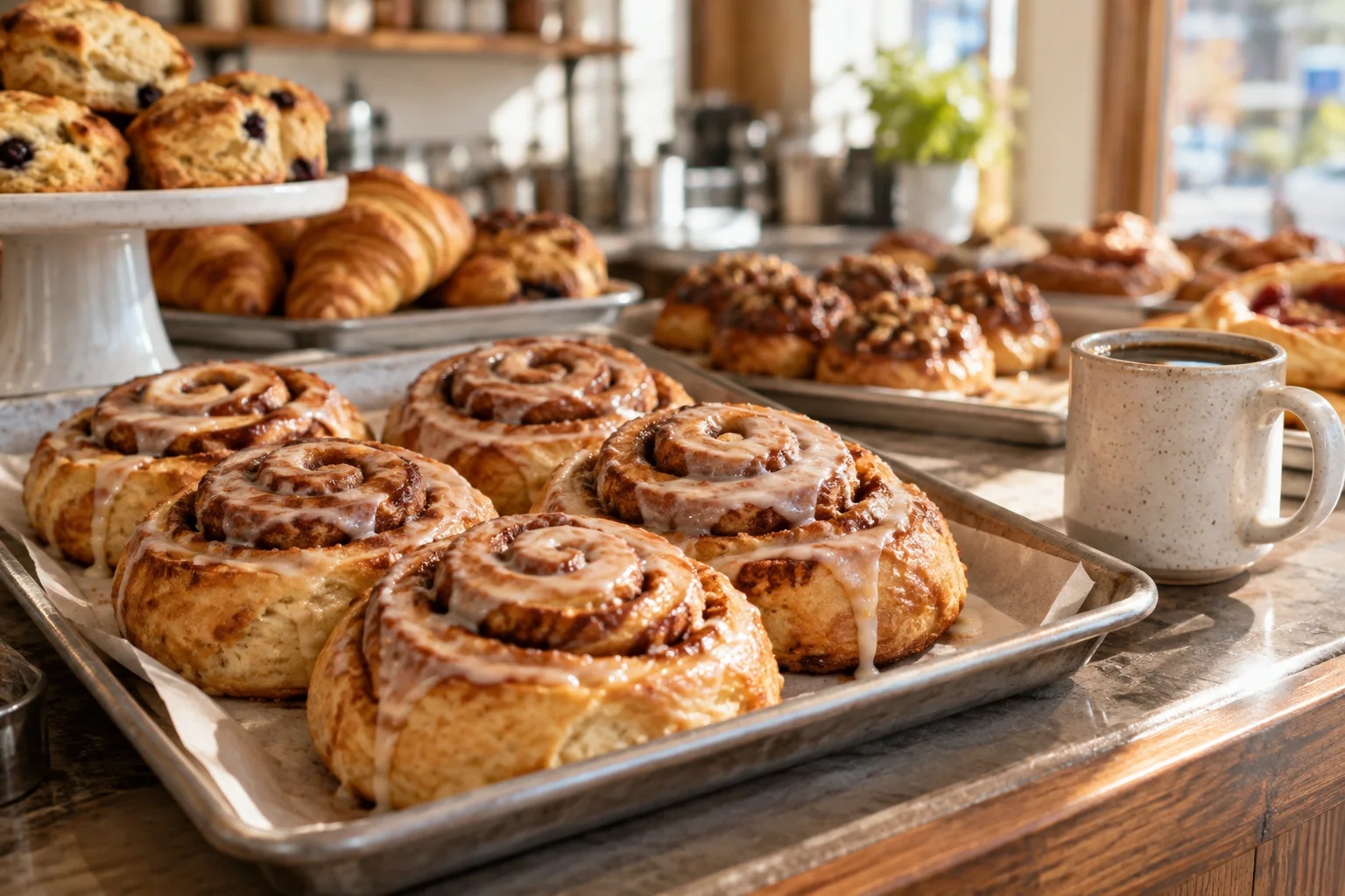 Cinnamon rolls and coffee at a bakery counter