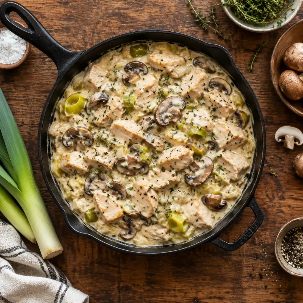Creamy chicken, leek and chestnut mushroom filling in a cast-iron pan