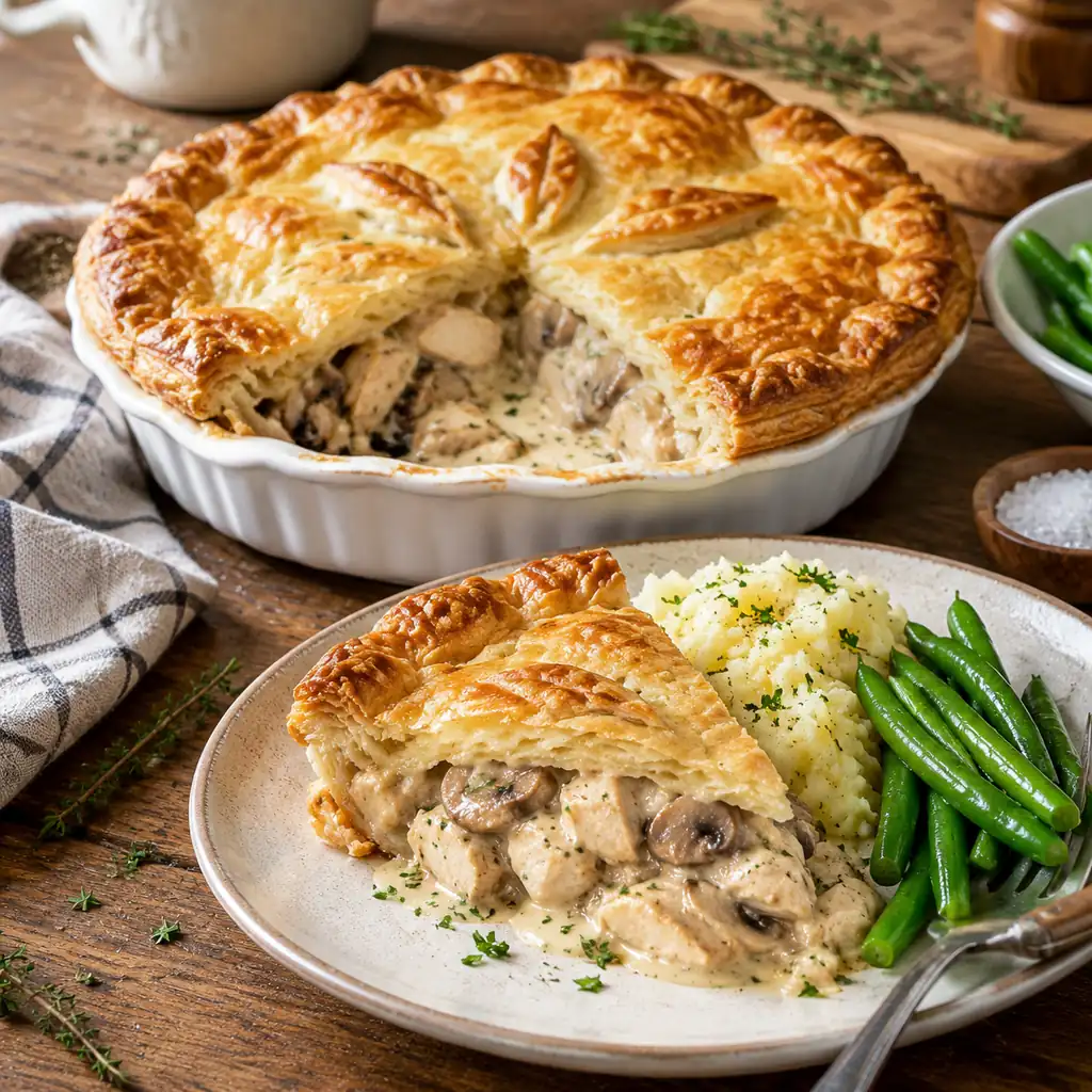 Slice of golden chicken and mushroom pie served with mash and green beans