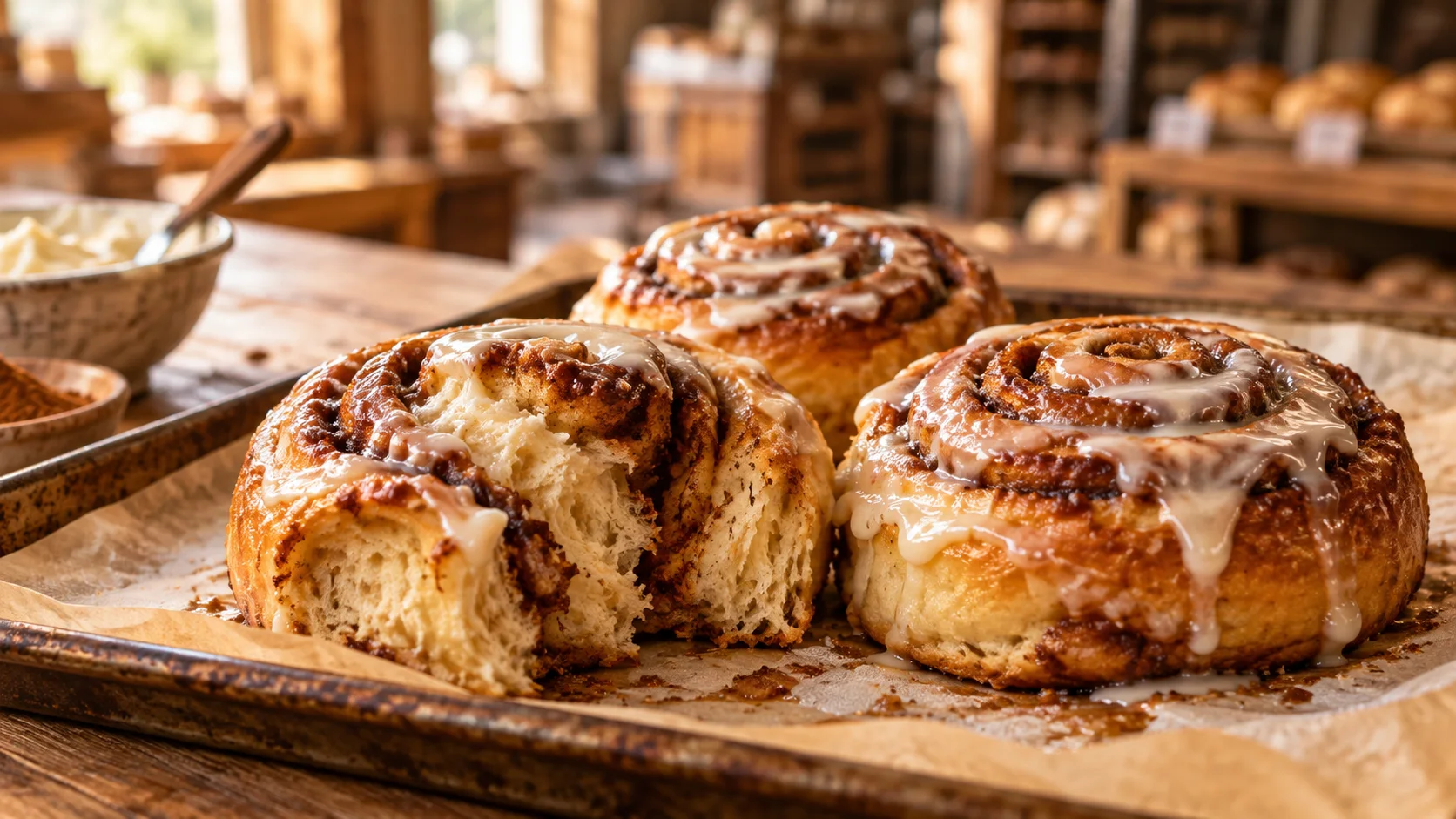 Freshly baked cinnamon rolls in a bakery