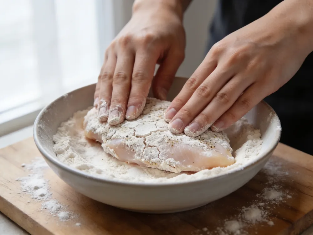 Pressing seasoned flour coating onto a chicken sandwich cutlet before frying