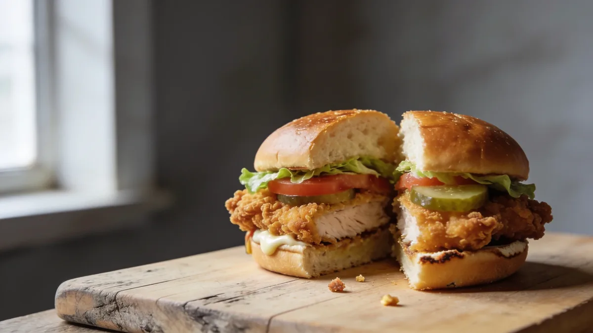 Golden fried chicken sandwich cut in half on a toasted brioche bun