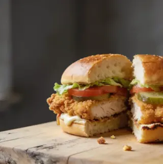 Golden fried chicken sandwich cut in half on a toasted brioche bun