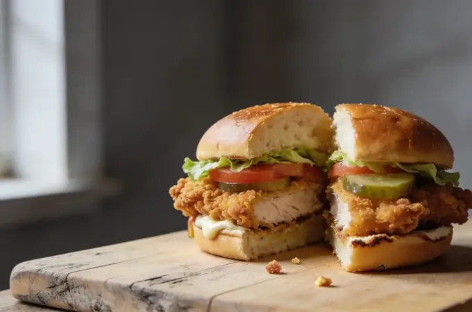 Golden fried chicken sandwich cut in half on a toasted brioche bun