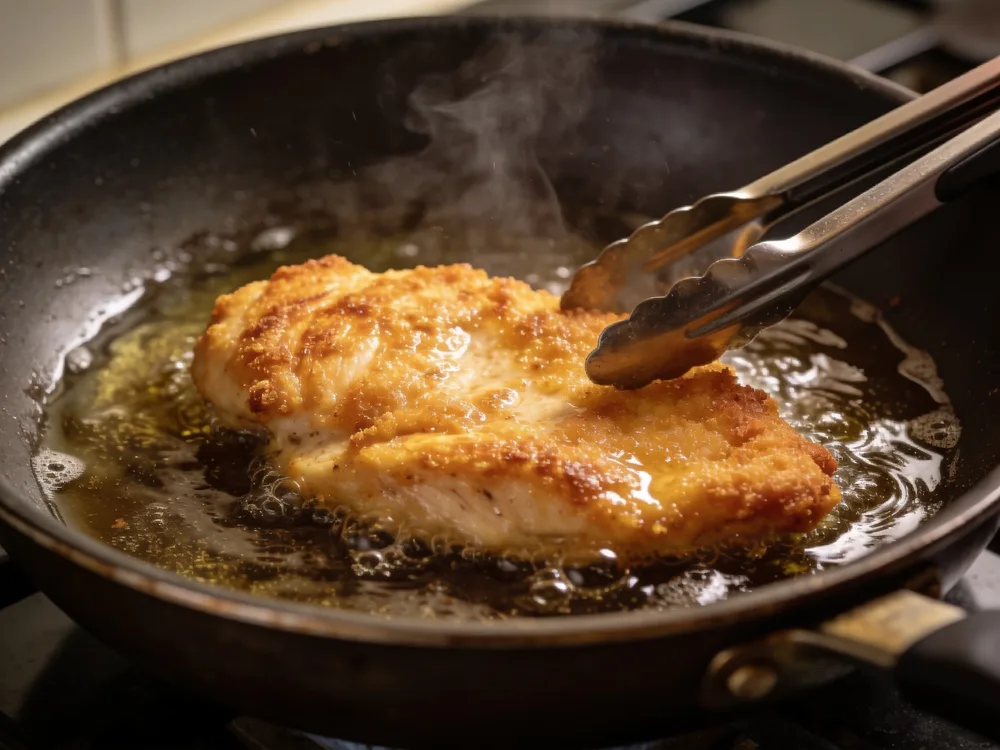 Chicken sandwich cutlet frying golden and crisp in a pan of hot oil