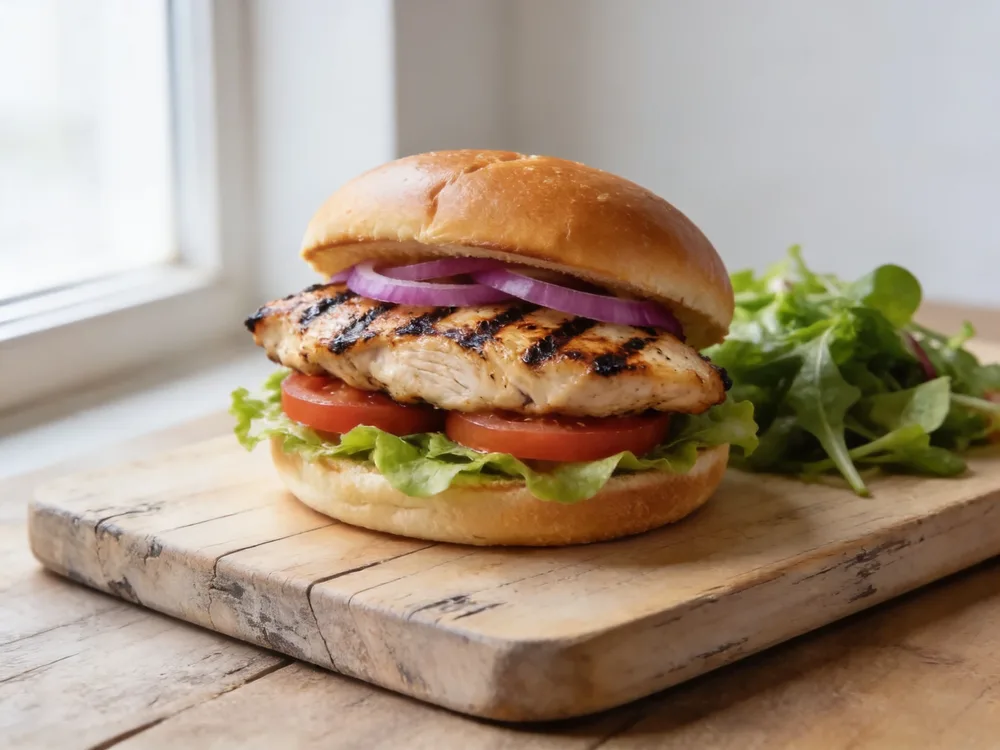 Grilled chicken sandwich with char marks, lettuce and pickled onion on a brioche bun