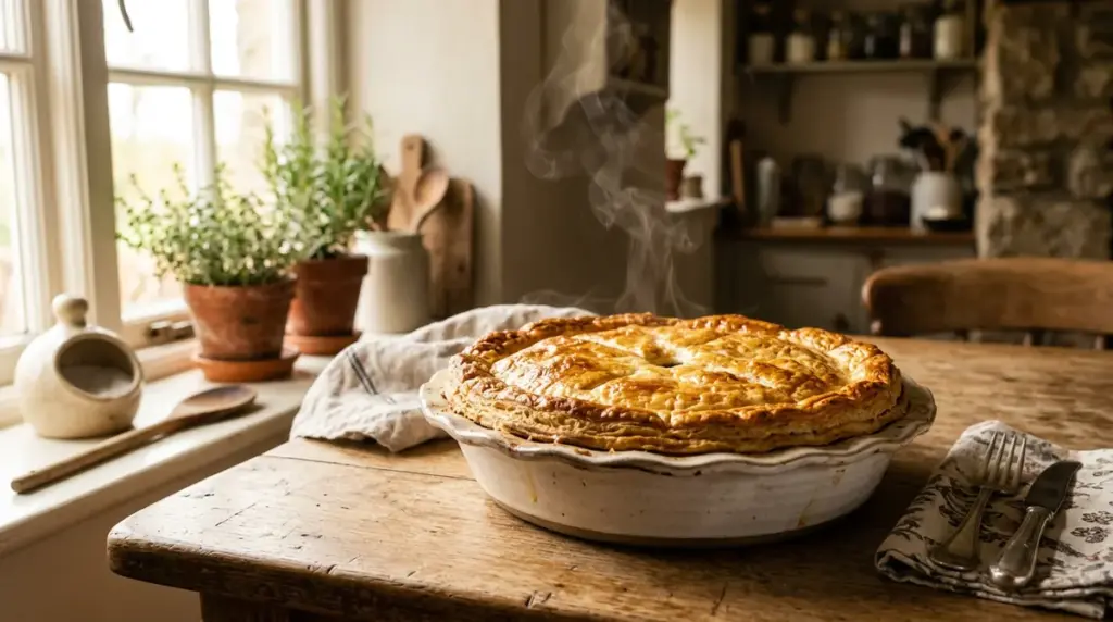 Golden puff pastry-topped creamy chicken and leek pie in ceramic dish with steam rising