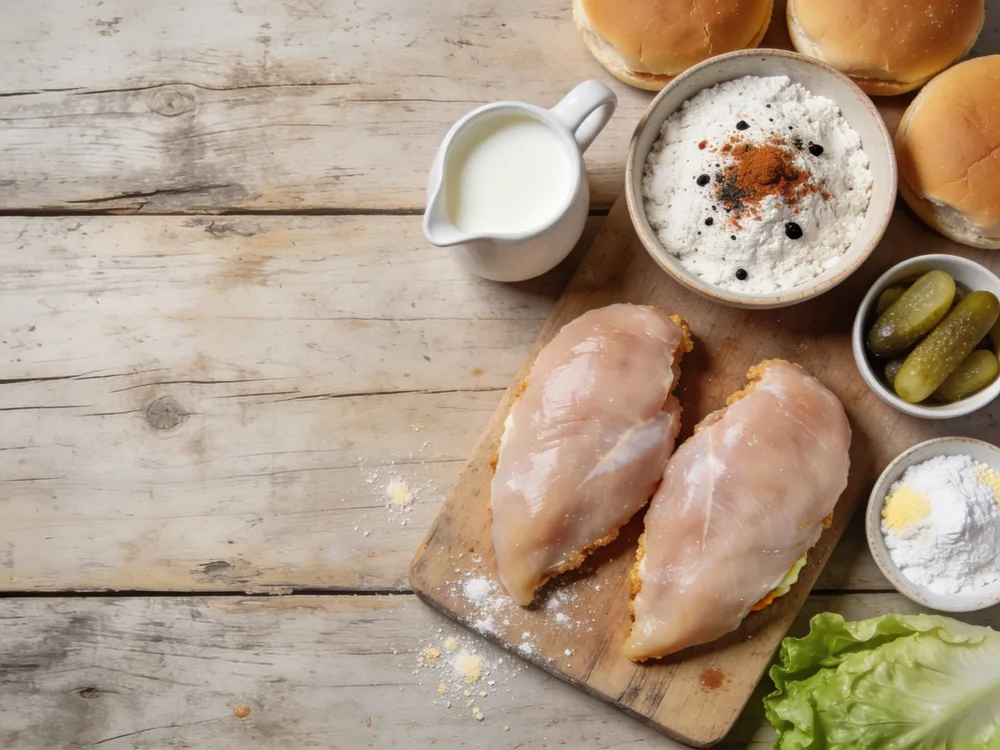 Flat lay of chicken sandwich ingredients: buttermilk, seasoned flour, brioche buns and pickles